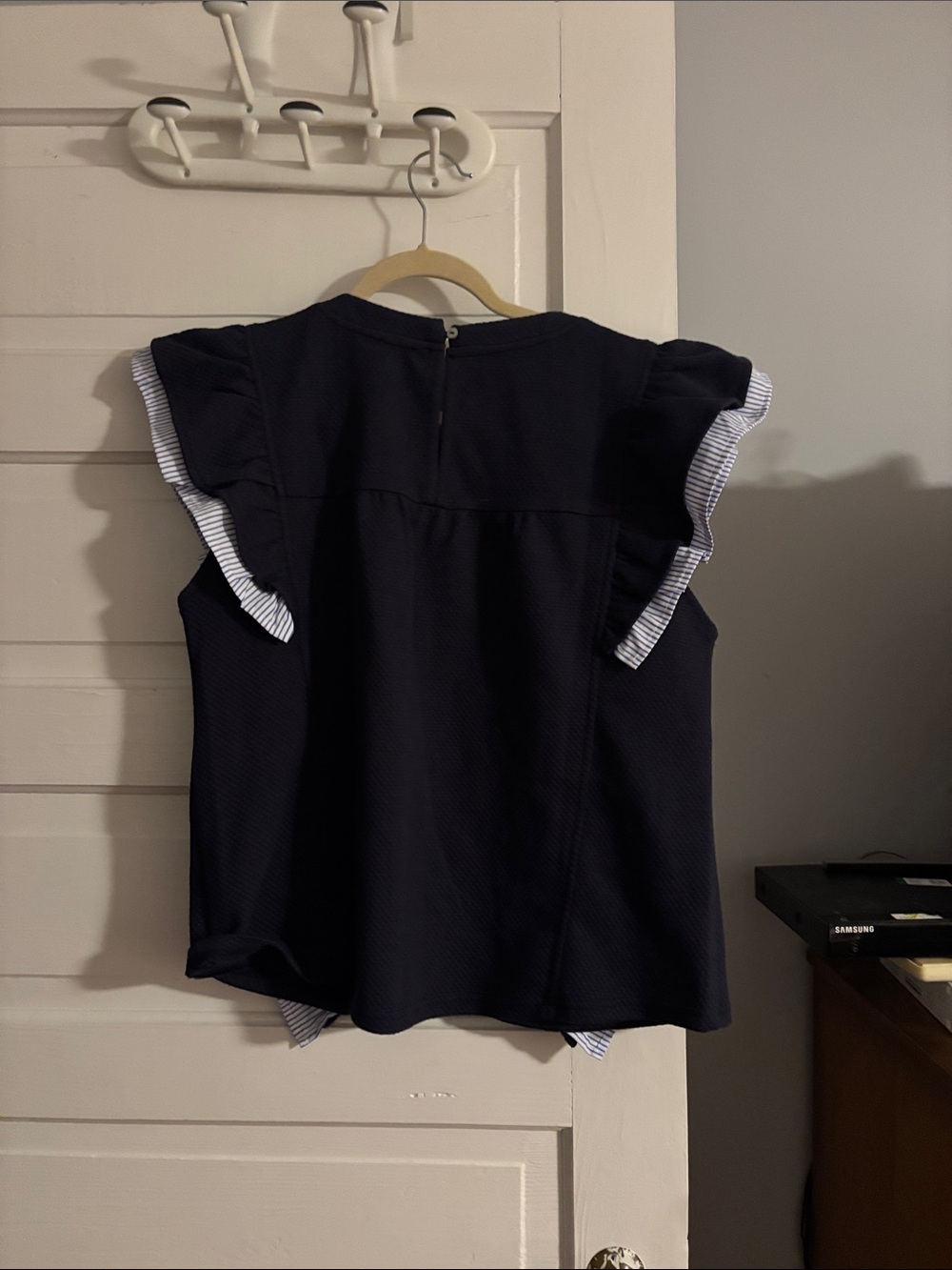 Navy Ruffle Sleeve Top with Striped Trim - Picture 4 of 4
